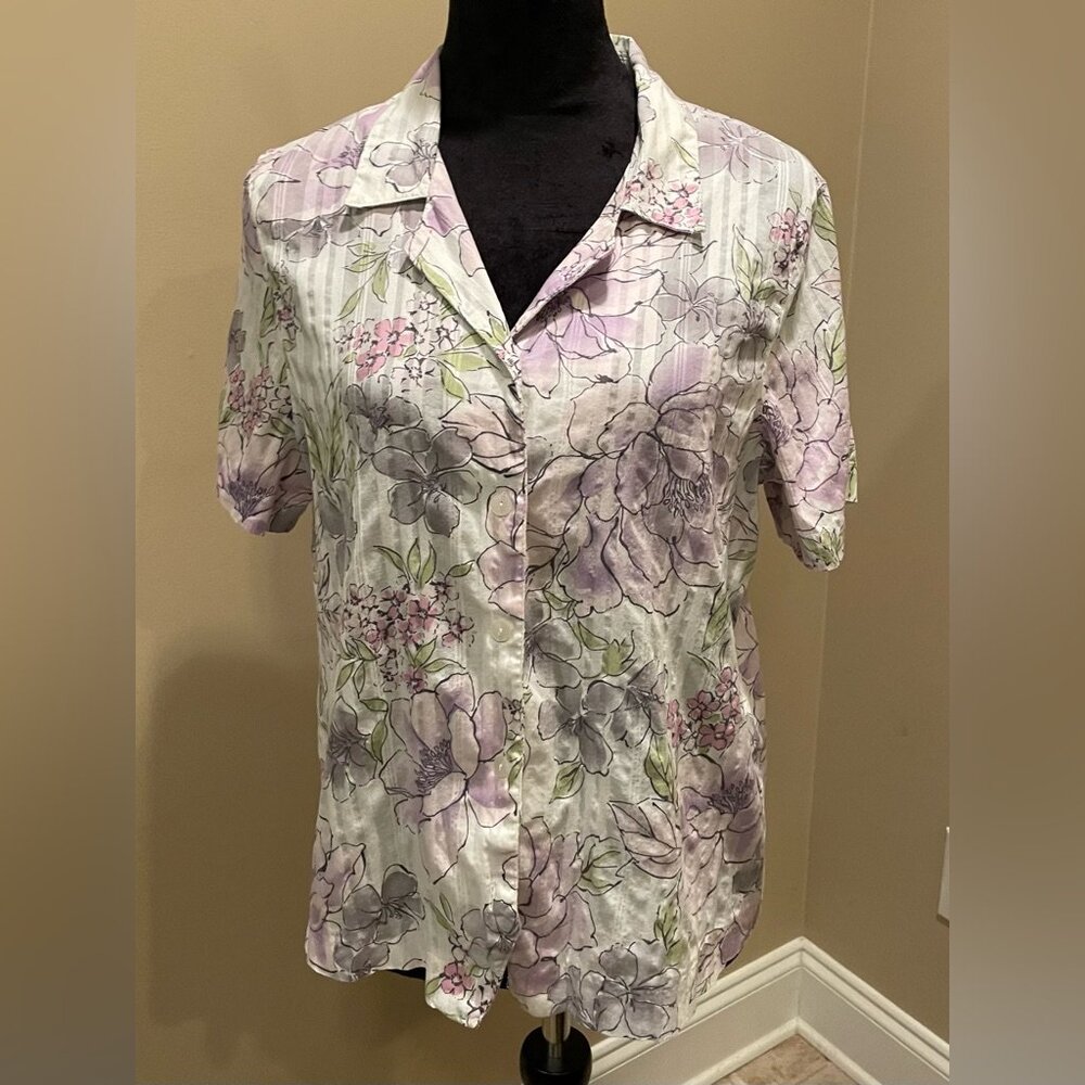 Pastel Floral Button Up Shirt Size 16 Lilac Cotton by Alfred Dunner